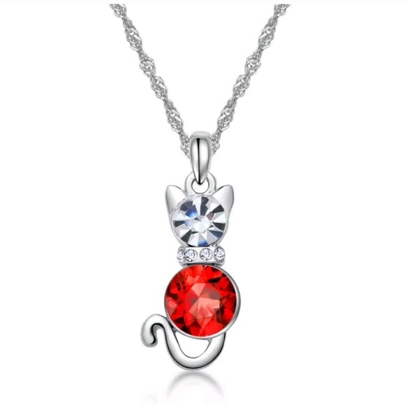 New Kitty Cat Charm Red Crystal Silver Necklace. - Picture 1 of 2
